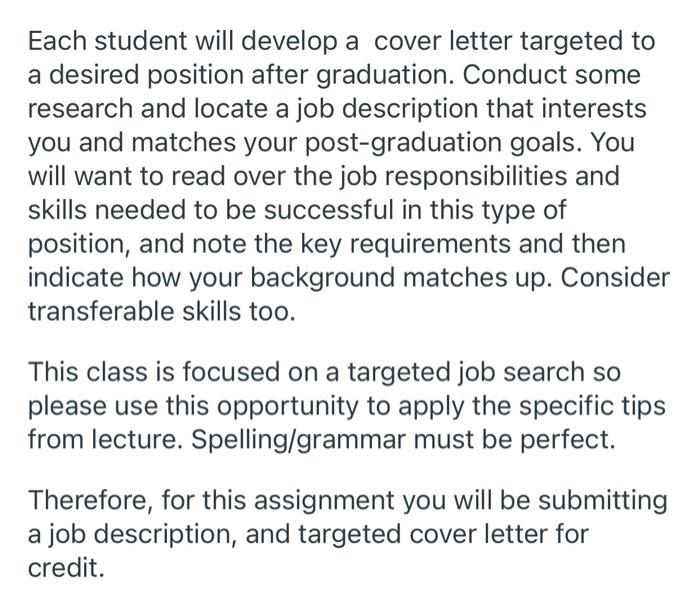 Each student will develop a cover letter targeted