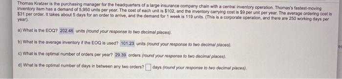 just need D answered please Thomas Kratzer is the