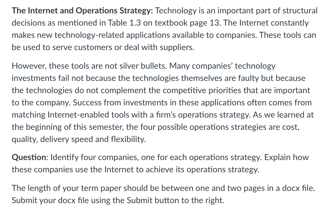 The Internet and Operations Strategy: Technology