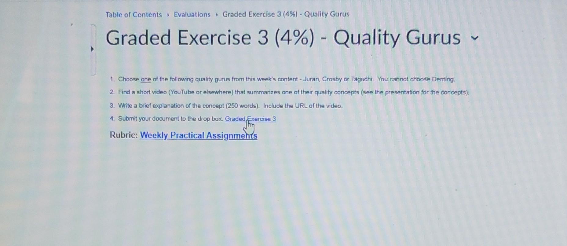 taguchi quality concepts Graded Exercise 3(4%) -