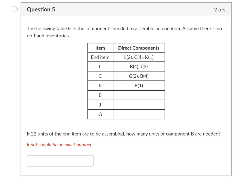 Question 5 2 pts The following table lists the