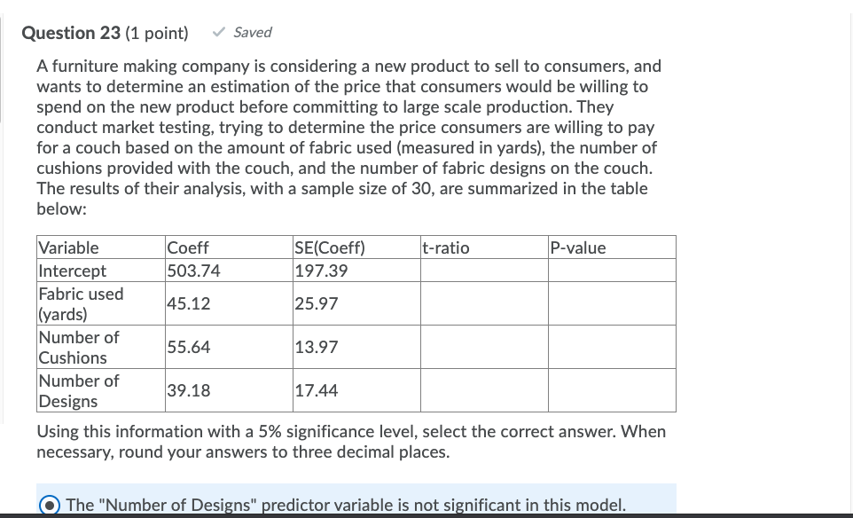 Question 23 (1 point) Saved A furniture making