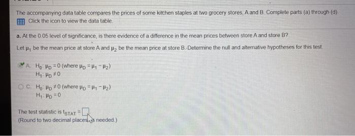 The accompanying data table compares the prices
