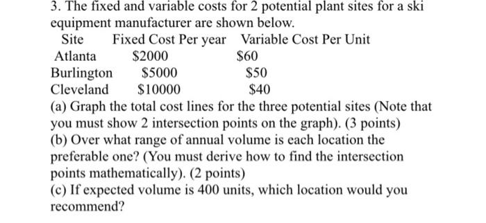 3. The fixed and variable costs for 2 potential