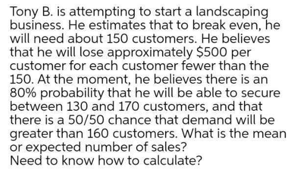 Tony B. is attempting to start a landscaping