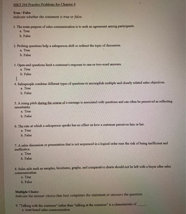 MKT 216 Practice Problems for Chapter 4