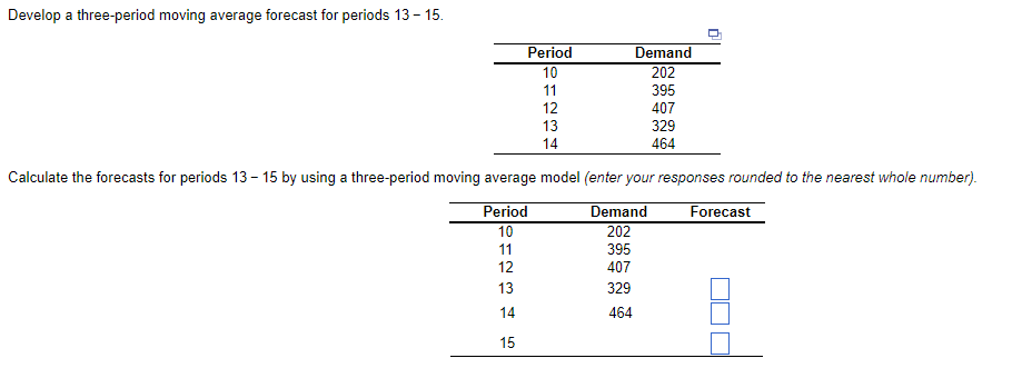 Develop a three-period moving average forecast
