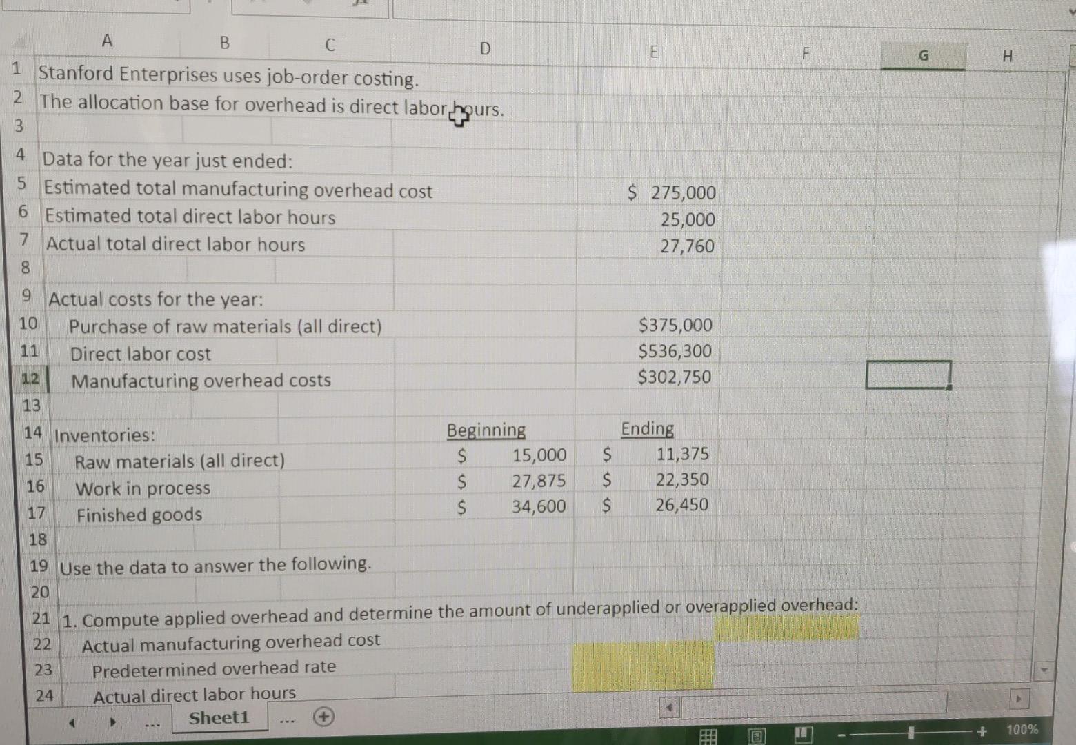 A B C D E F G H 1 Stanford Enterprises uses