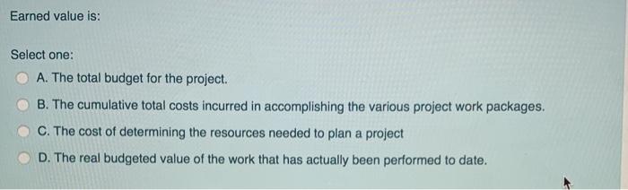 Earned value is: Select one: A. The total budget