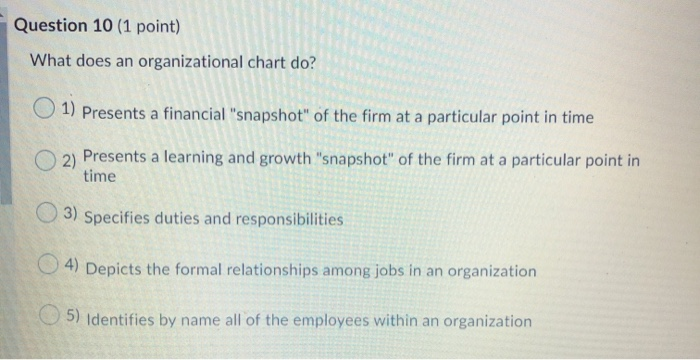 Question 10 (1 point) What does an organizational