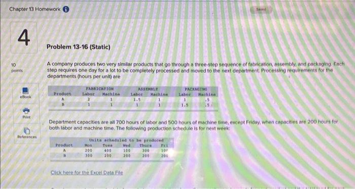 Chapter 13 Homework Savel 4 Problem 13-16