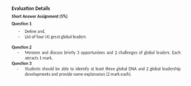 Evaluation Details Short Answer Assignment (5%)