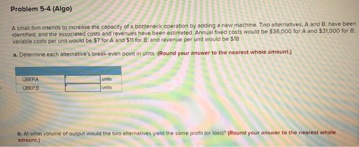 Problem 5-4 (Algo) A small firm intends to