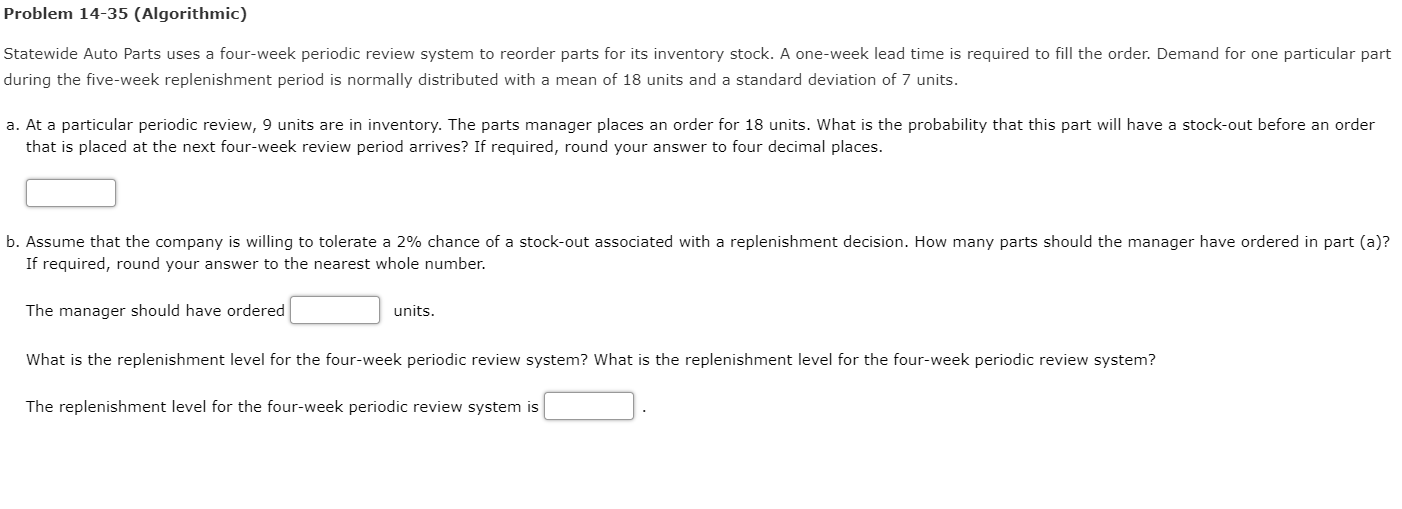 Problem 14-35 (Algorithmic) Statewide Auto Parts
