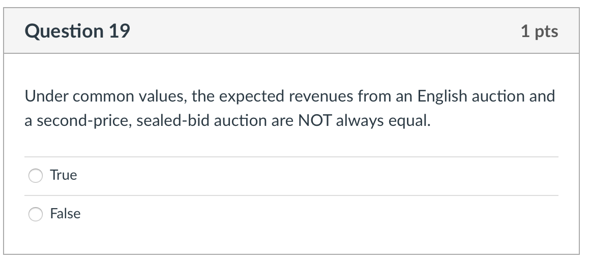 Question 19 1 pts Under common values, the