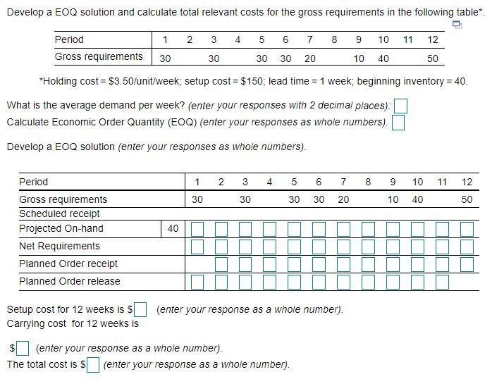Develop a EOQ solution and calculate total