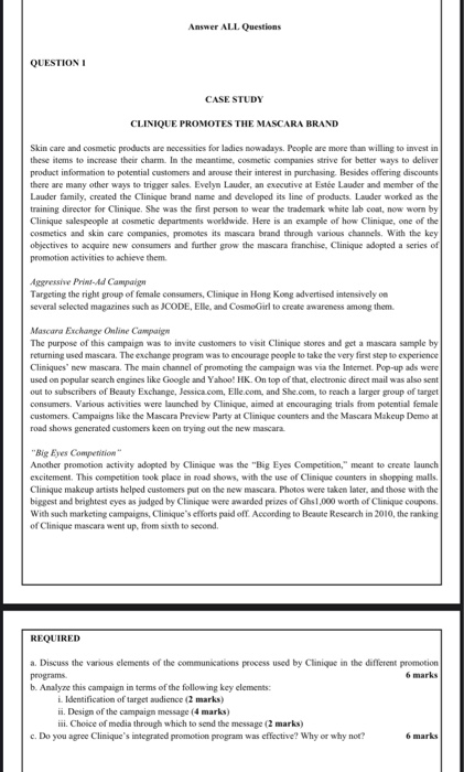 Answer ALL Questions QUESTION CASE STUDY CLINIQUE