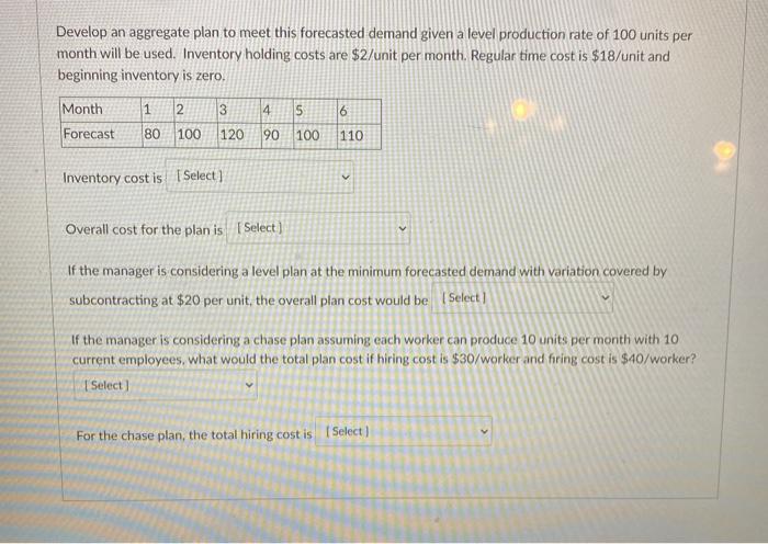Develop an aggregate plan to meet this forecasted