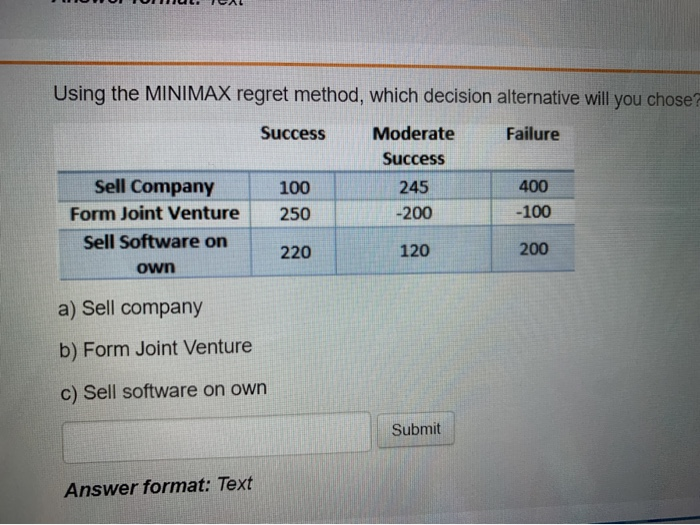 Using the MINIMAX regret method, which decision