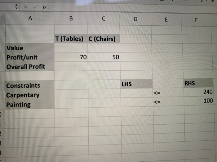 16 XV fx B E F T(Tables) C (Chairs) Value