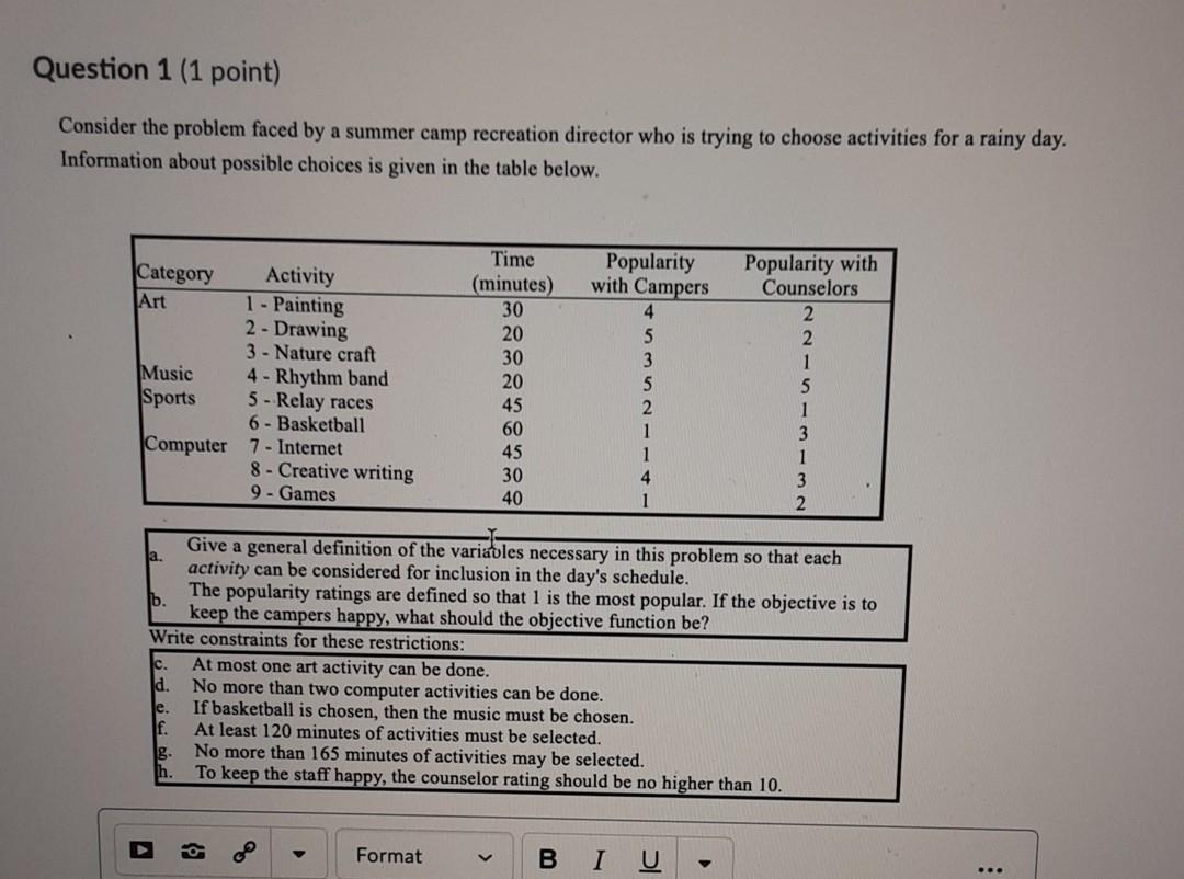 Question 1 (1 point) Consider the problem faced