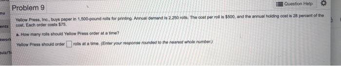 nu Problem 9 Question Help 0 Yellow Press, Inc.,
