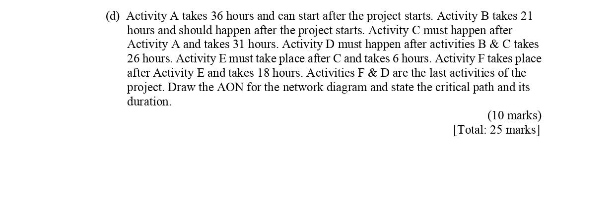 (d) Activity A takes 36 hours and can start after