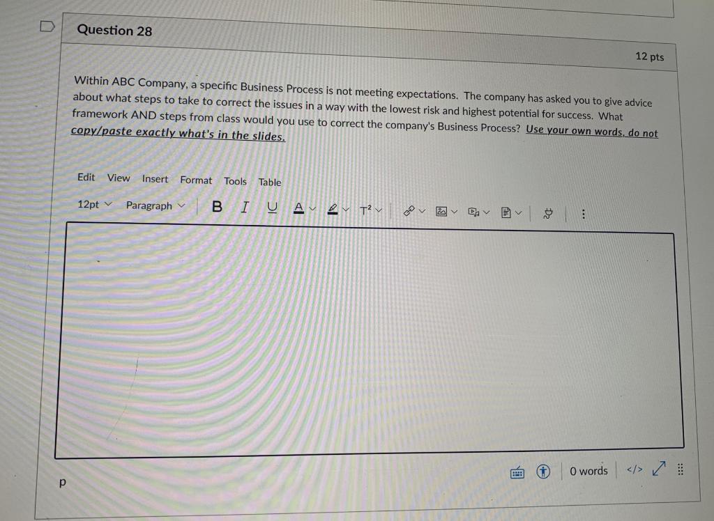 Question 28 12 pts Within ABC Company, a specific