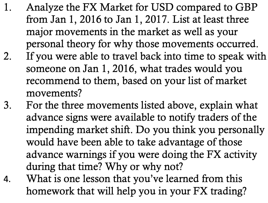 1. Analyze the FX Market for USD compared to GBP