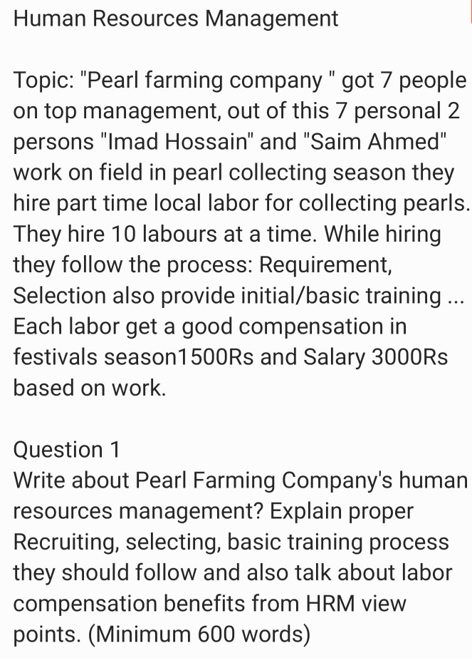 Human Resources Management Topic: "Pearl farming