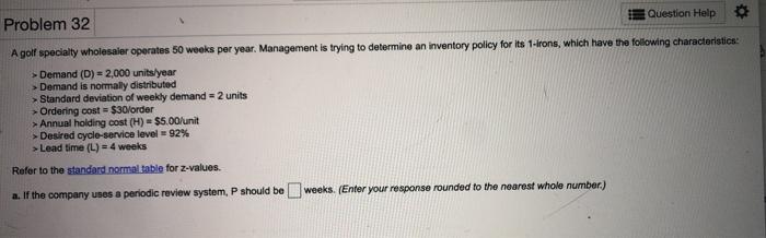 Question Help Problem 32 A golf specialty