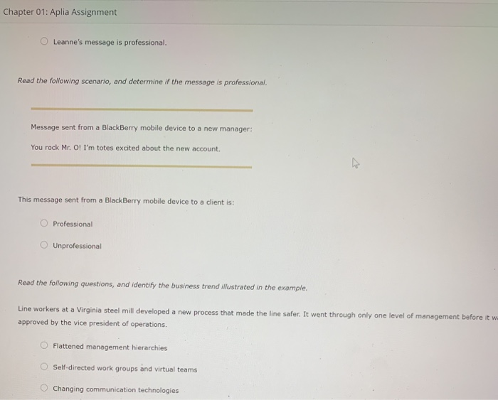 Chapter 01: Aplia Assignment Leanne's message is