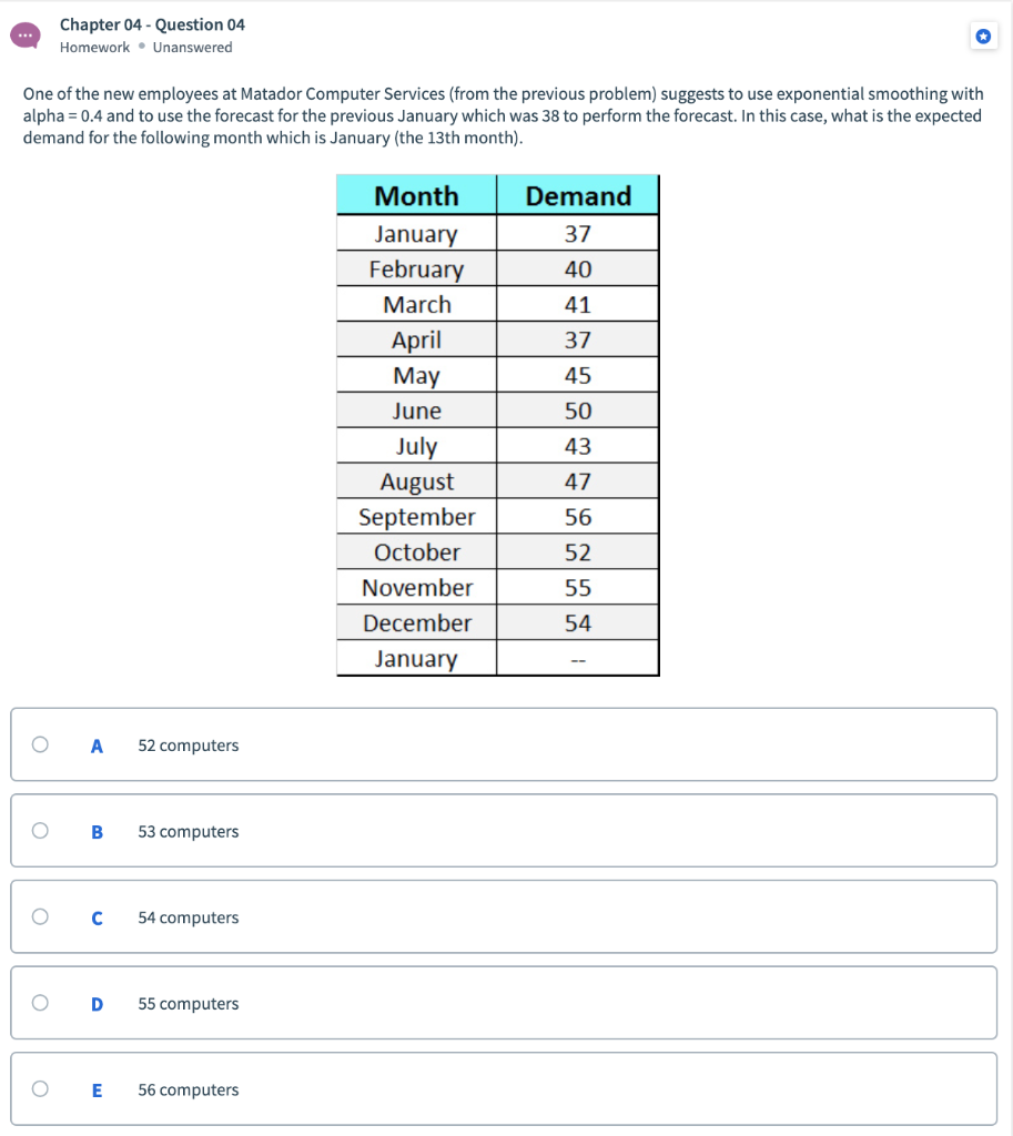 Chapter 04 - Question 04 Homework. Unanswered One