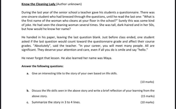 Know the Cleaning Lady (Author unknown) During