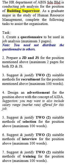 The HR department of ABIS Sdn Bhd is conducting