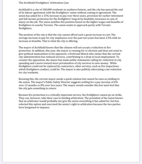 The Archibald Firefighters' Arbitration Case