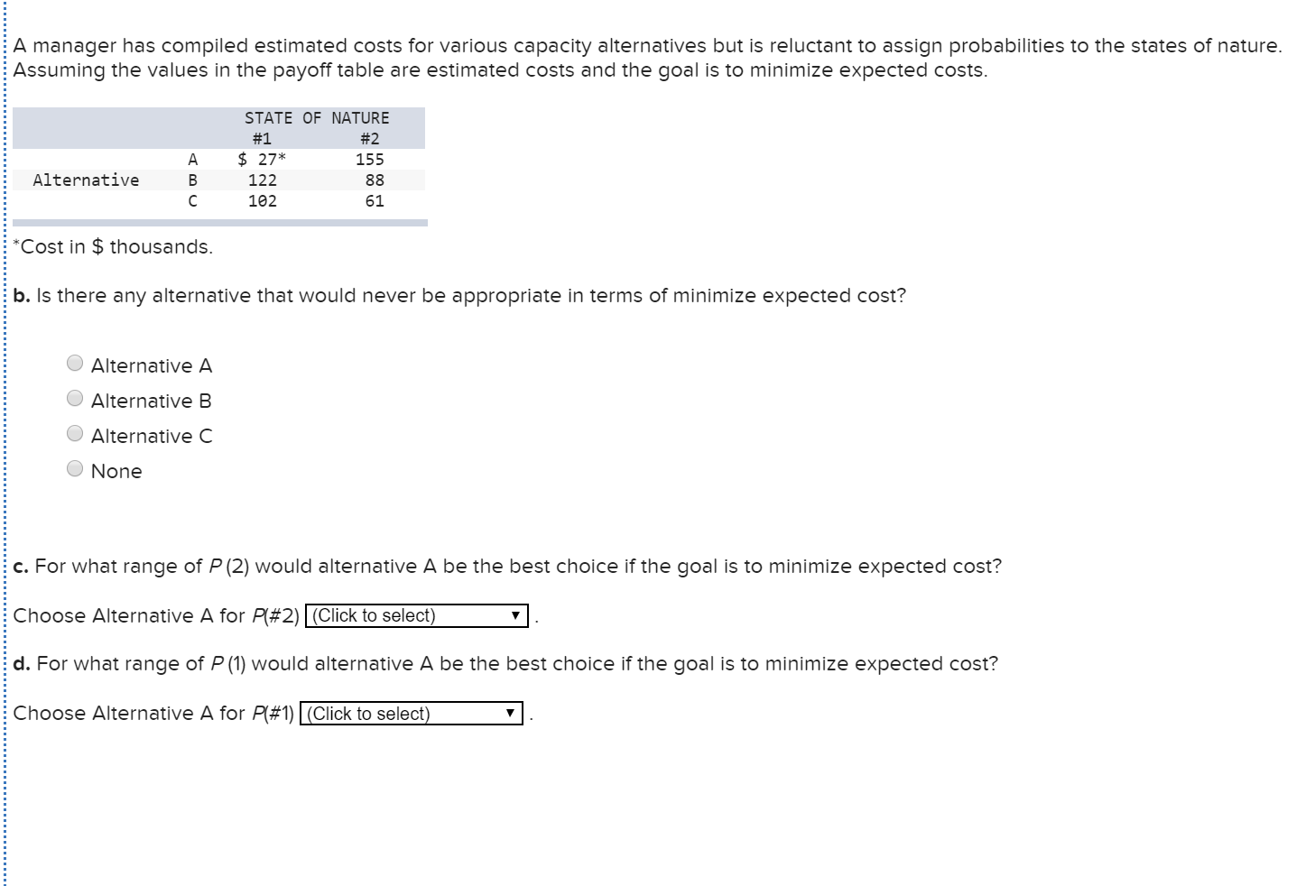A manager has compiled estimated costs for