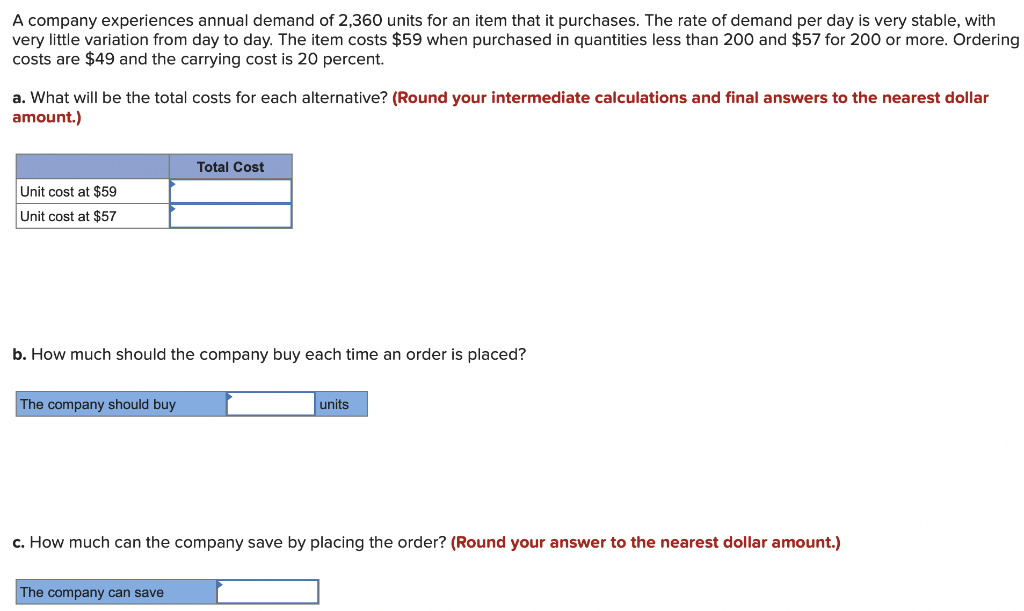 A company experiences annual demand of 2,360