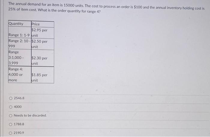 The annual demand for an item is 15000 units. The