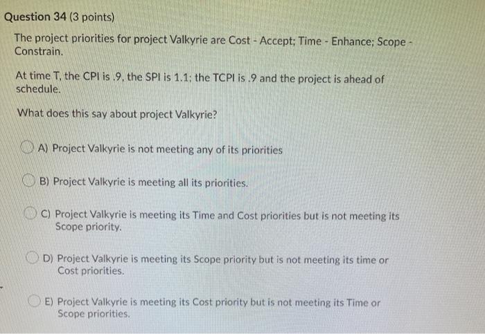 Question 34 (3 points) The project priorities for