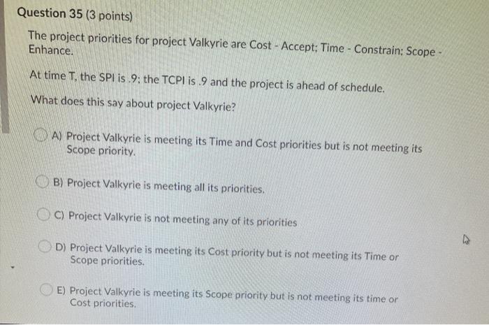 Question 34 (3 points) The project priorities for