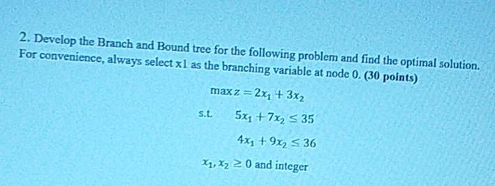 2. Develop the Branch and Bound tree for the