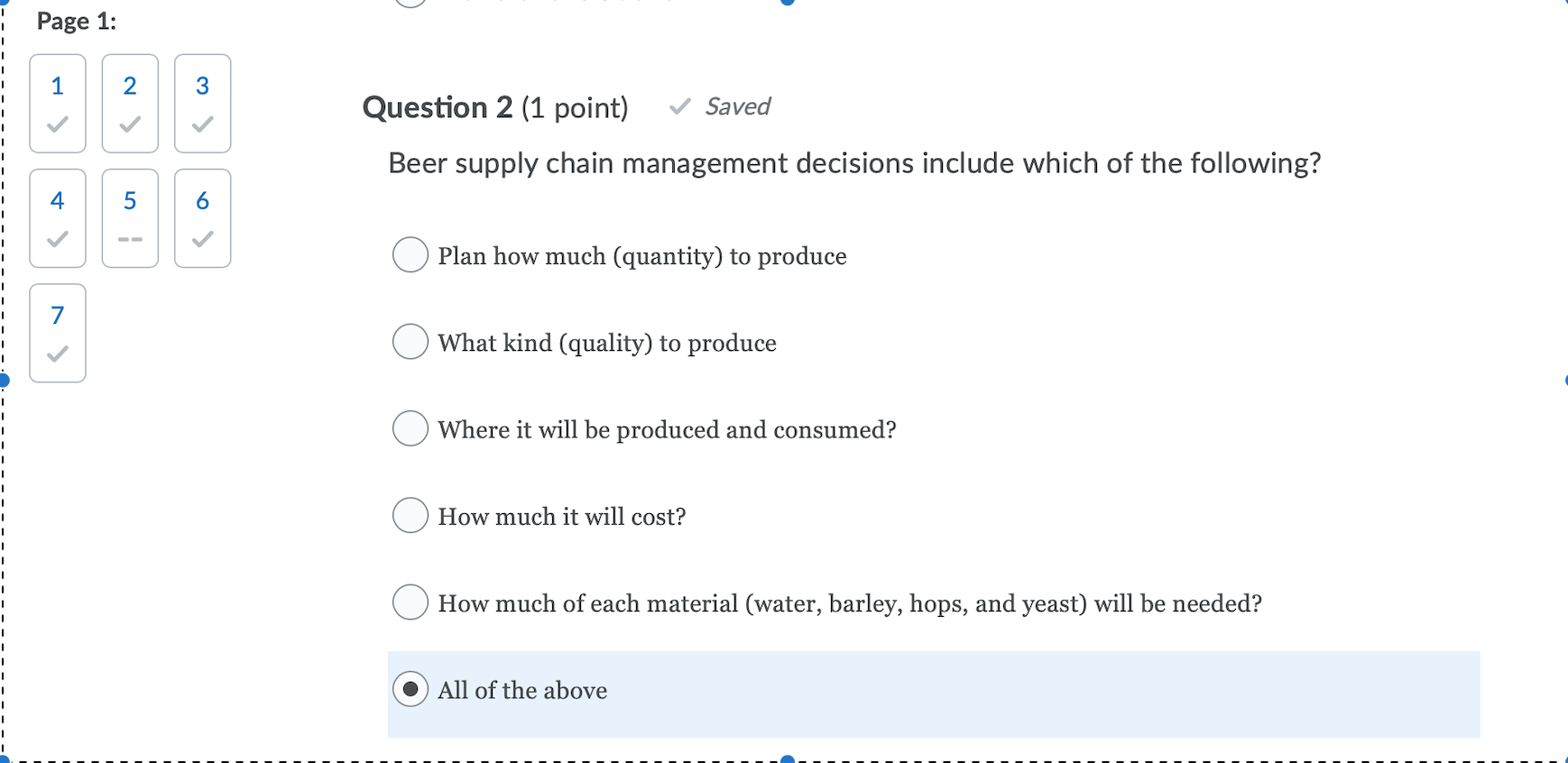 Page 1: 1 2 3 Saved > Question 2 (1 point) Beer