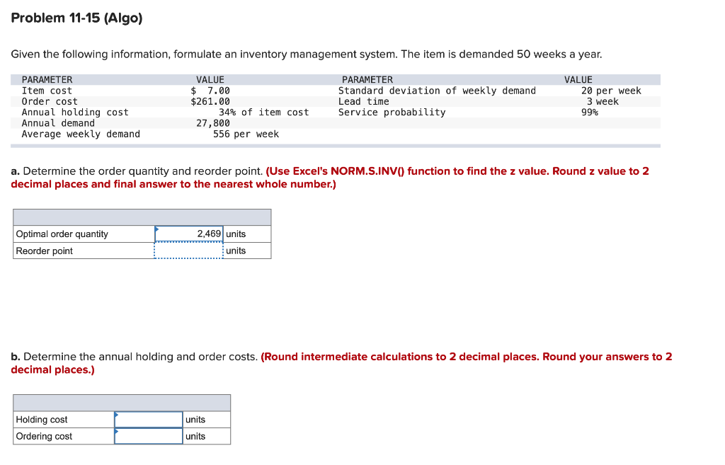Problem 11-15 (Algo) Given the following