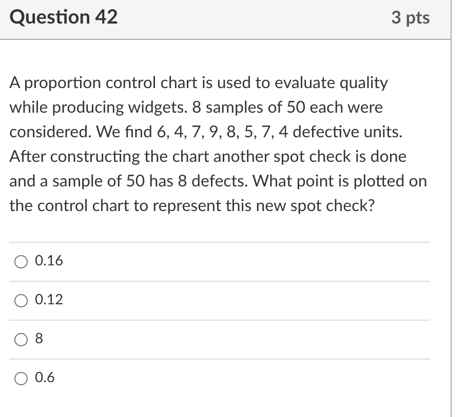 Question 42 3 pts A proportion control chart is