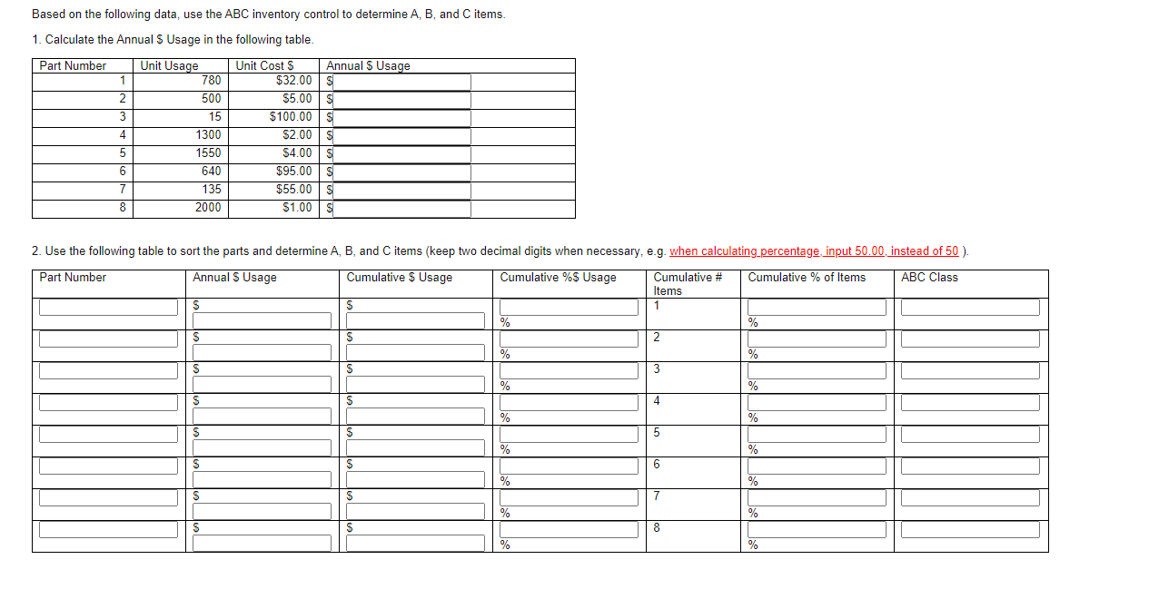 $5.00 S Based on the following data, use the ABC