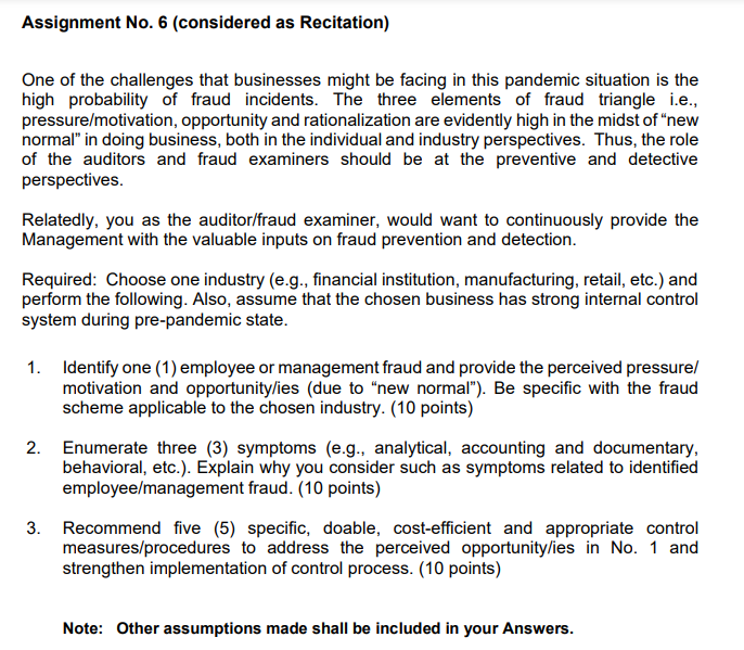Assignment No. 6 (considered as Recitation) One