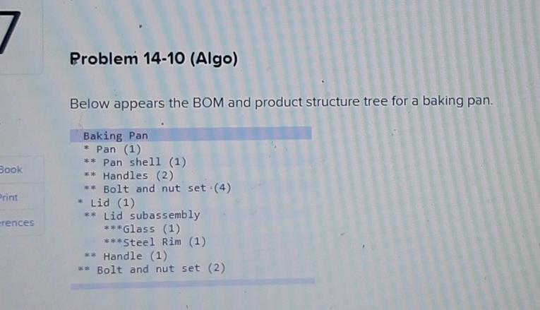 Problem 14-10 (Algo) Below appears the BOM and