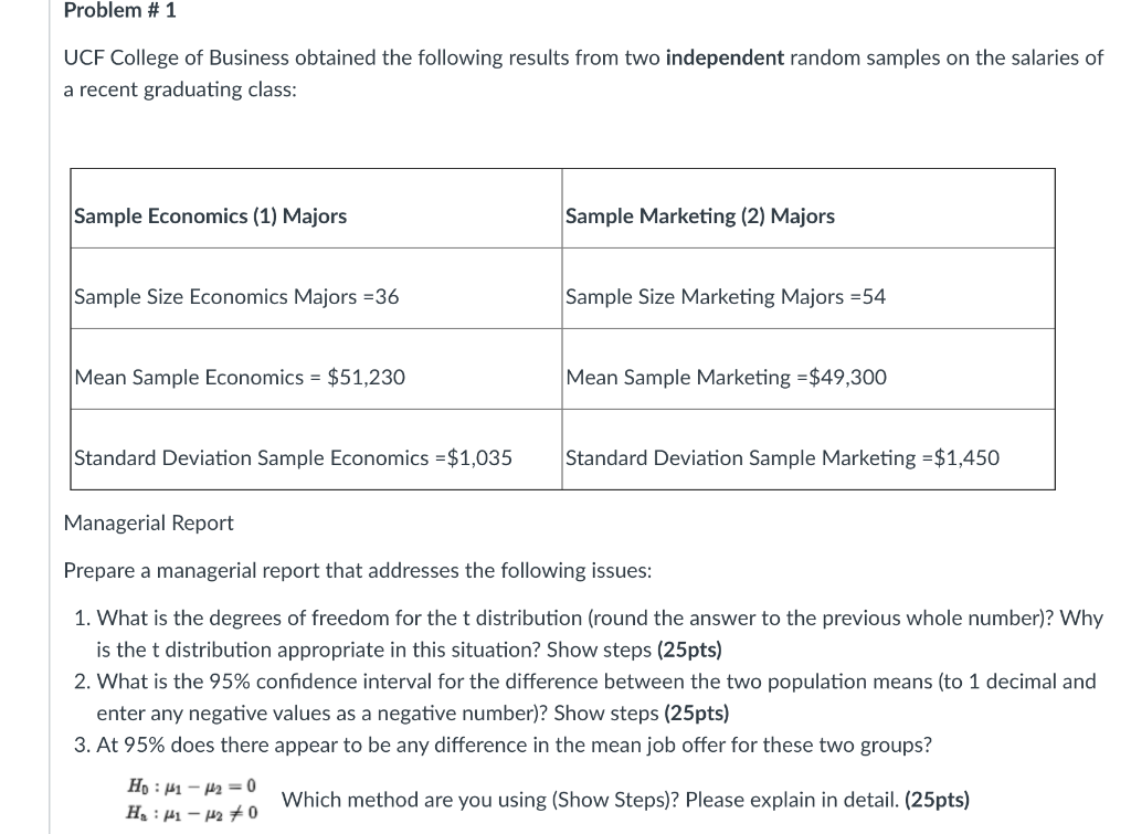 Problem #1 UCF College of Business obtained the