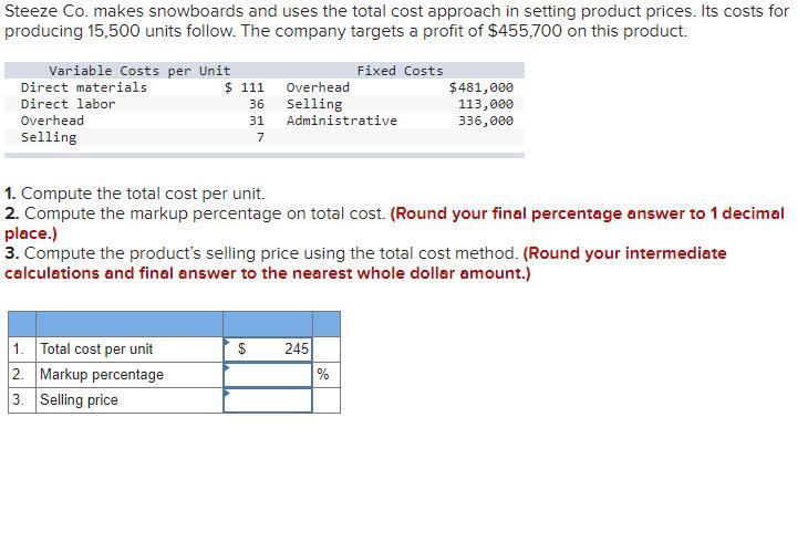 Steeze Co. makes snowboards and uses the total